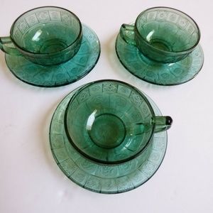 Depression Ultramarine Glass Jeannette Doric & Pansy Child 3 Cup & Sauser Sets